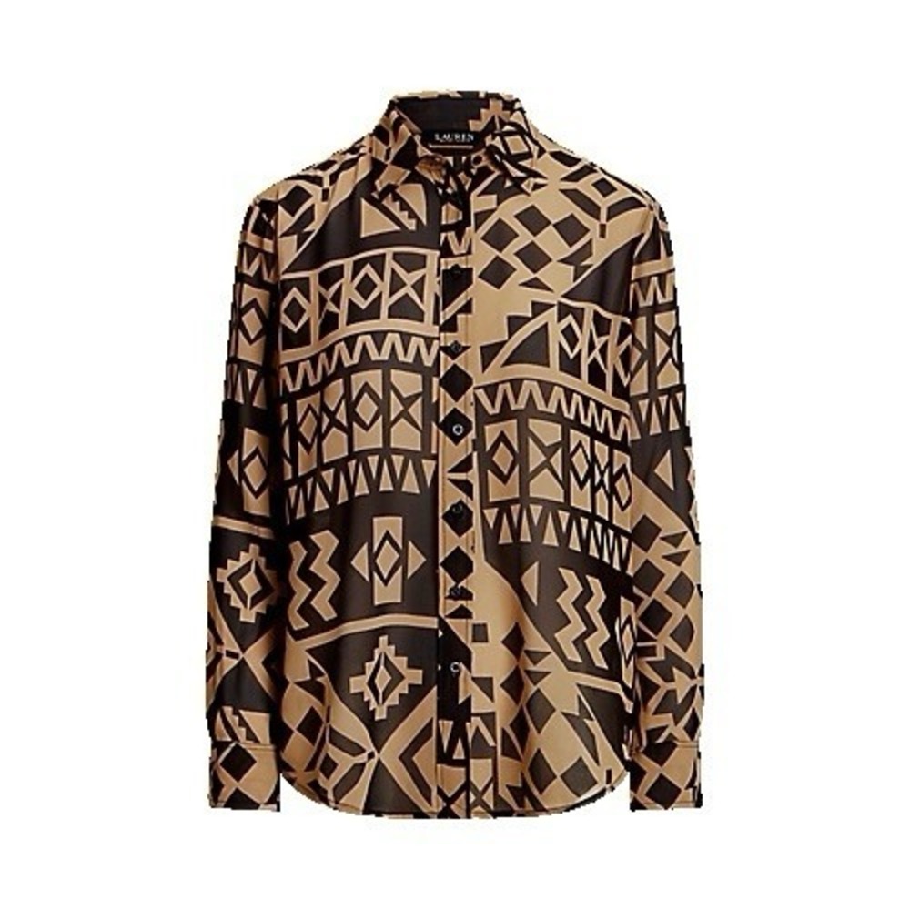 NWT Women Lauren Ralph Lauren‎ Geo Print Georgette Shirt Tan Black Petite Small